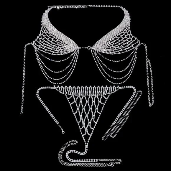 Tassel Underwear Rhinestone Bra Thong Lingerie Body Chain Bikini Body Jewelry - Picture 4 of 7